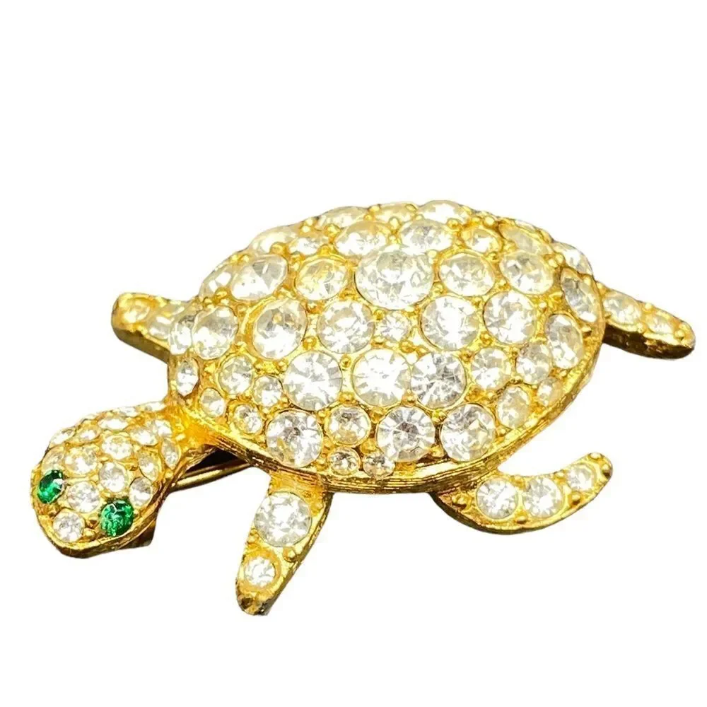 Gold tone rhinestone turtle tortoise pin brooch with green glass eyes gorgeous